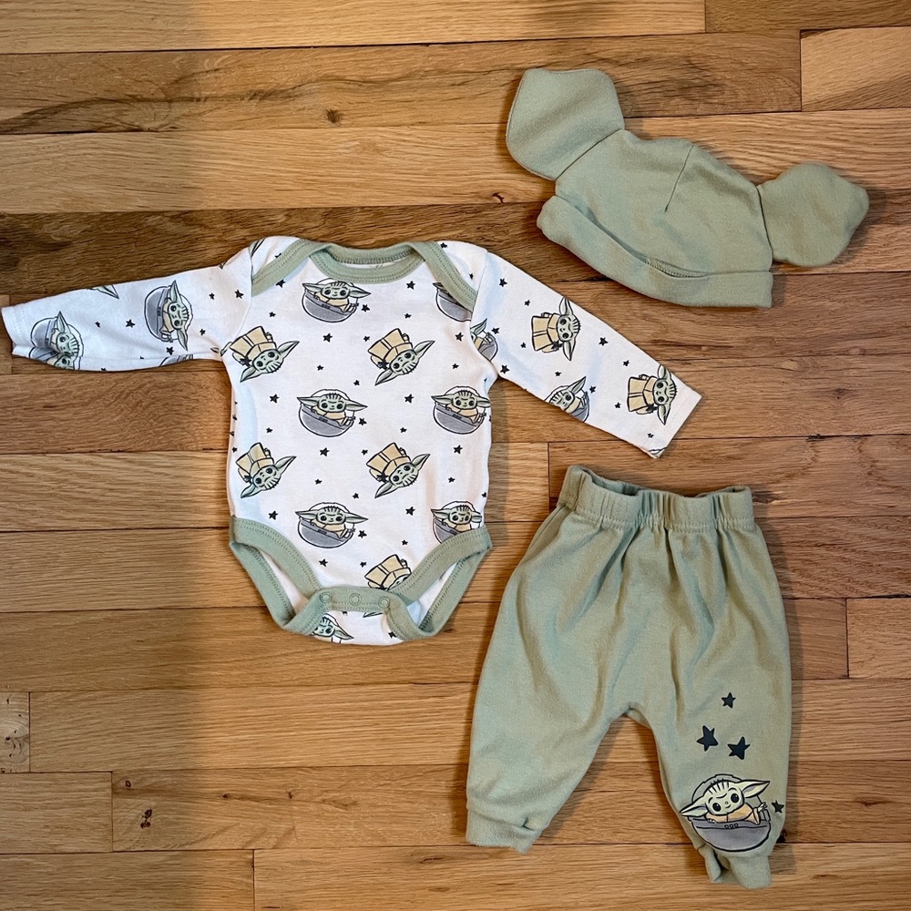 Disney Star Wars Baby Yoda Onesie Bodysuit with Pants and Matching Cap 3 Piece